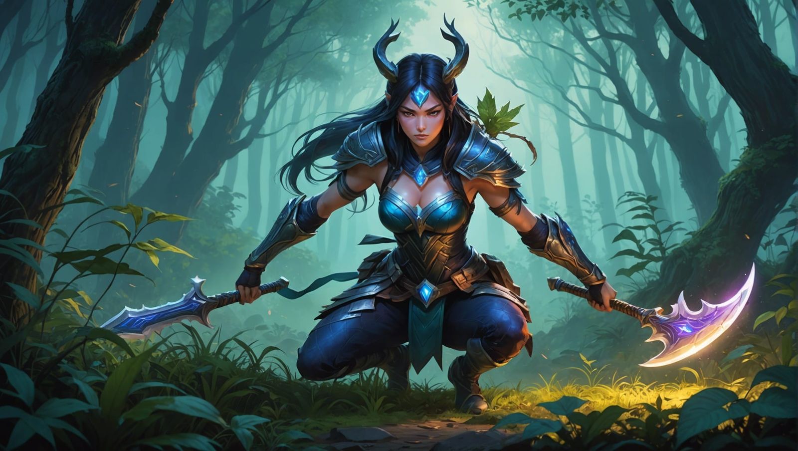 A beautiful, muscular female warrior in manhwa garb crouches in the bushes of a a mystical forest at twilight, shrouded ...