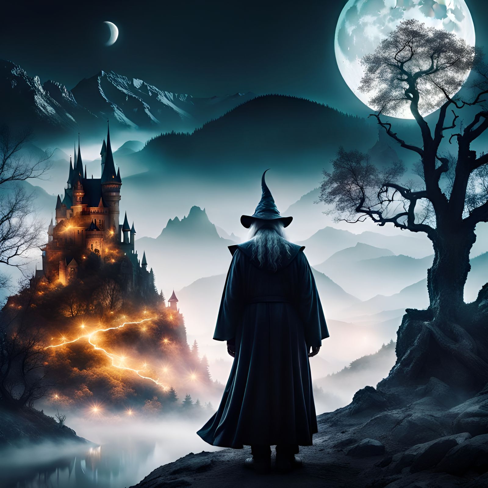 Dark Fantasy Wizard in Double Exposure Landscape