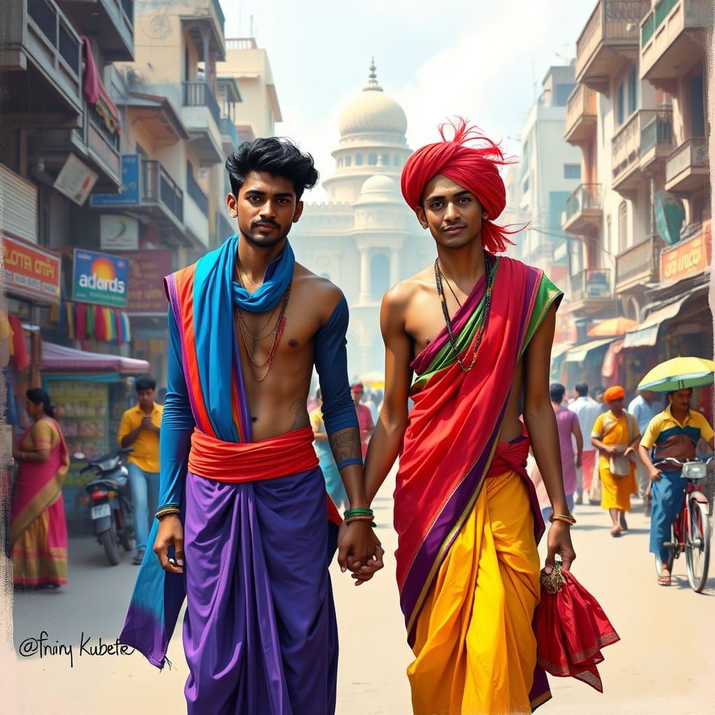 Gay Indian Couple in Crowded Cityscape