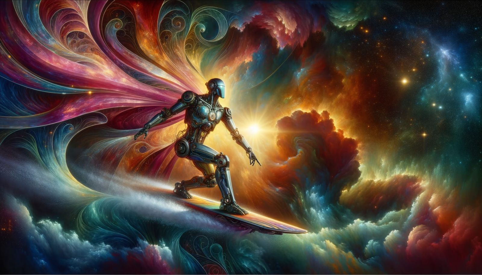 Cyberpunk Robot Surfing Nebula in Digital Painting Style
