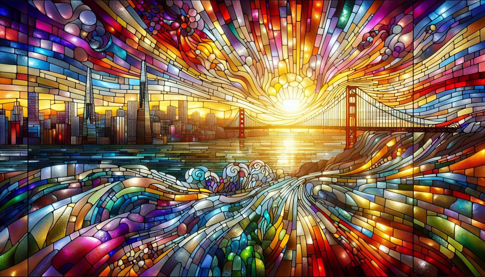 Vibrant Stained Glass Mosaic of Golden Gate Bridge