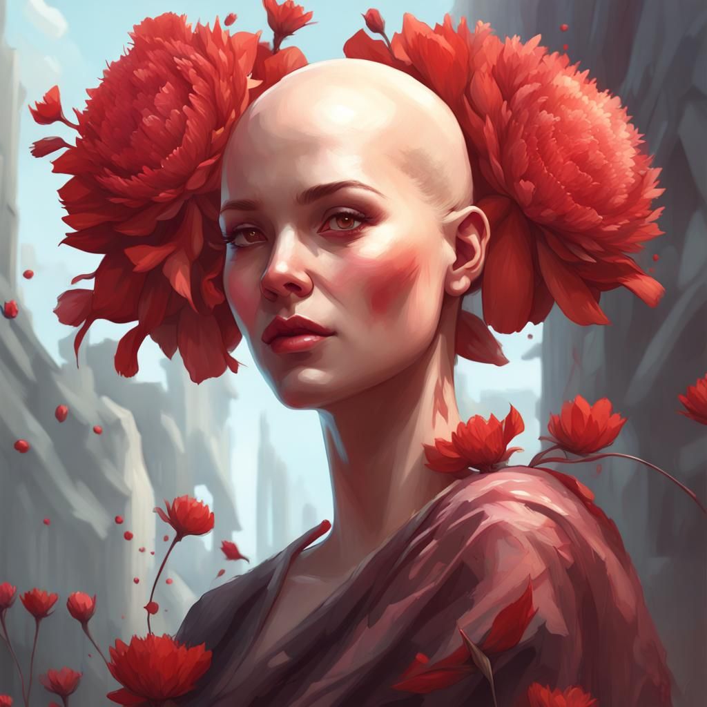 Bald Girl with Red Flowers: Digital Art Portrait
