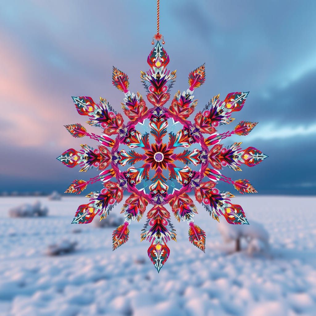 Multicolored Snowflake Falls in Winter Wonderland Scene