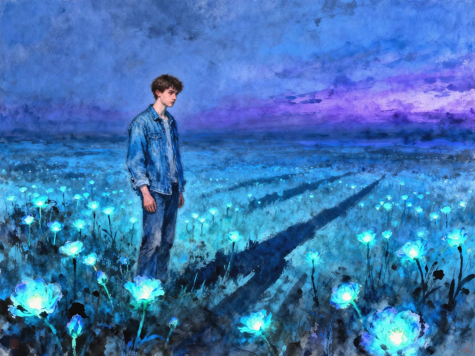 Man Contemplating Bioluminescent Field at Twilight