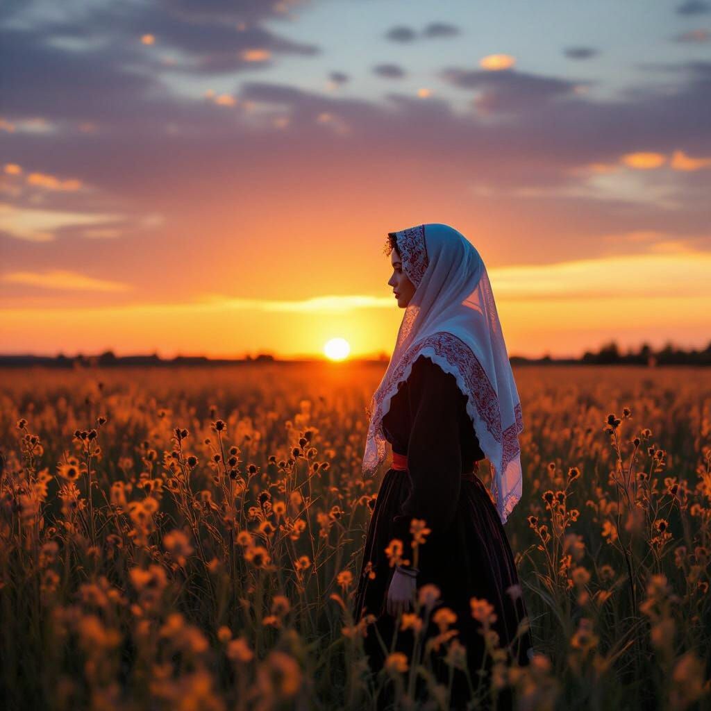 Mystical Folklore Woman in Wormwood Field at Sunset