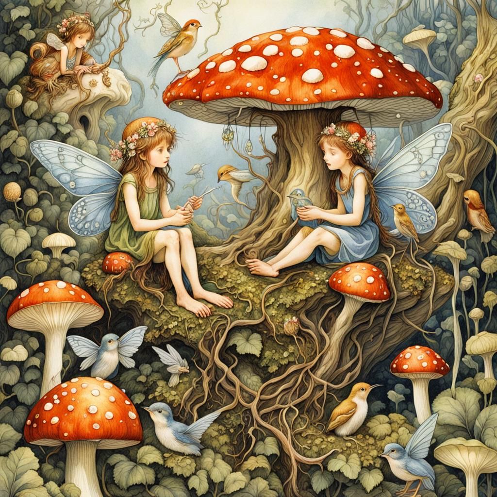 Fairies and Birds on Vines Coloring Book Illustration