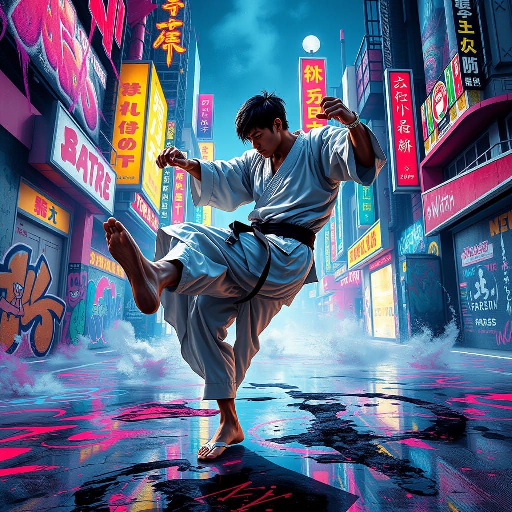 Karate Warrior in Neo-Tokio Cityscape