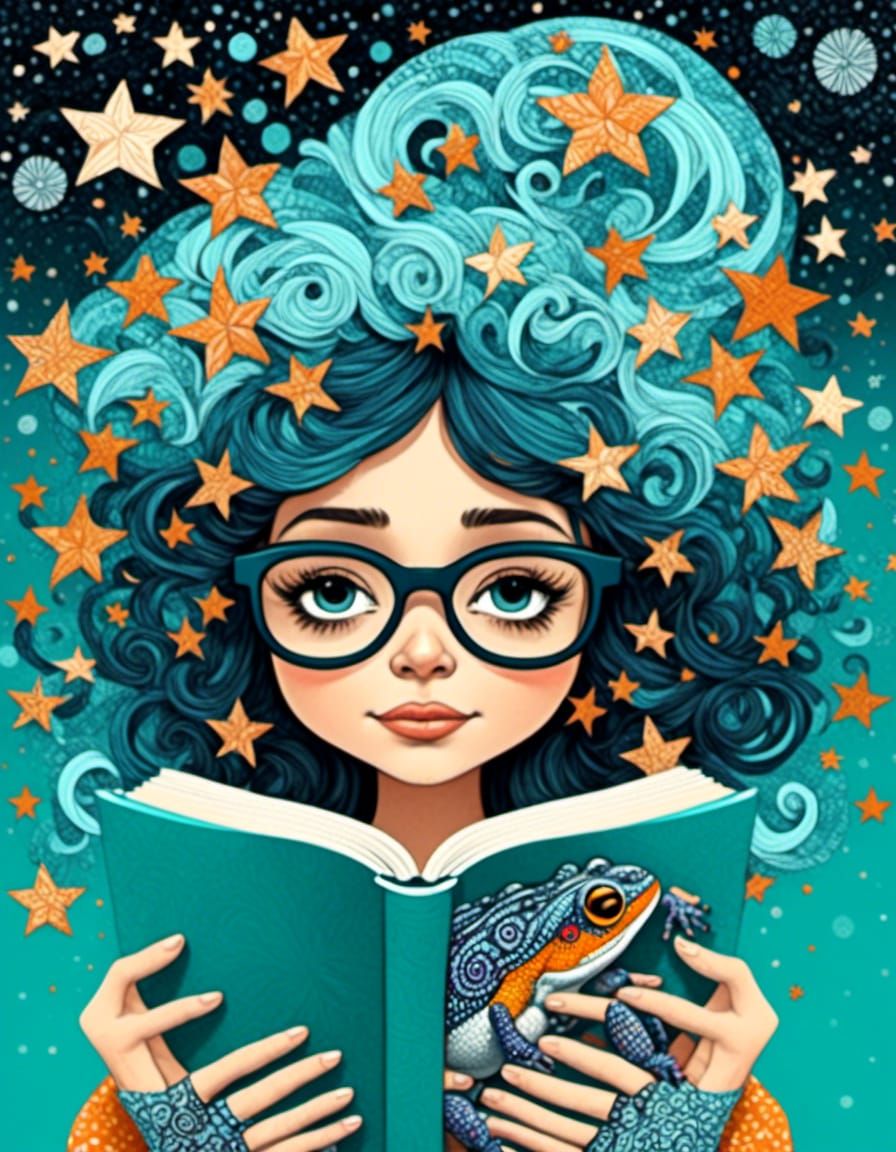 <lora:Zentangle-V2:0.8>girl in glasses reading a book ,an il...