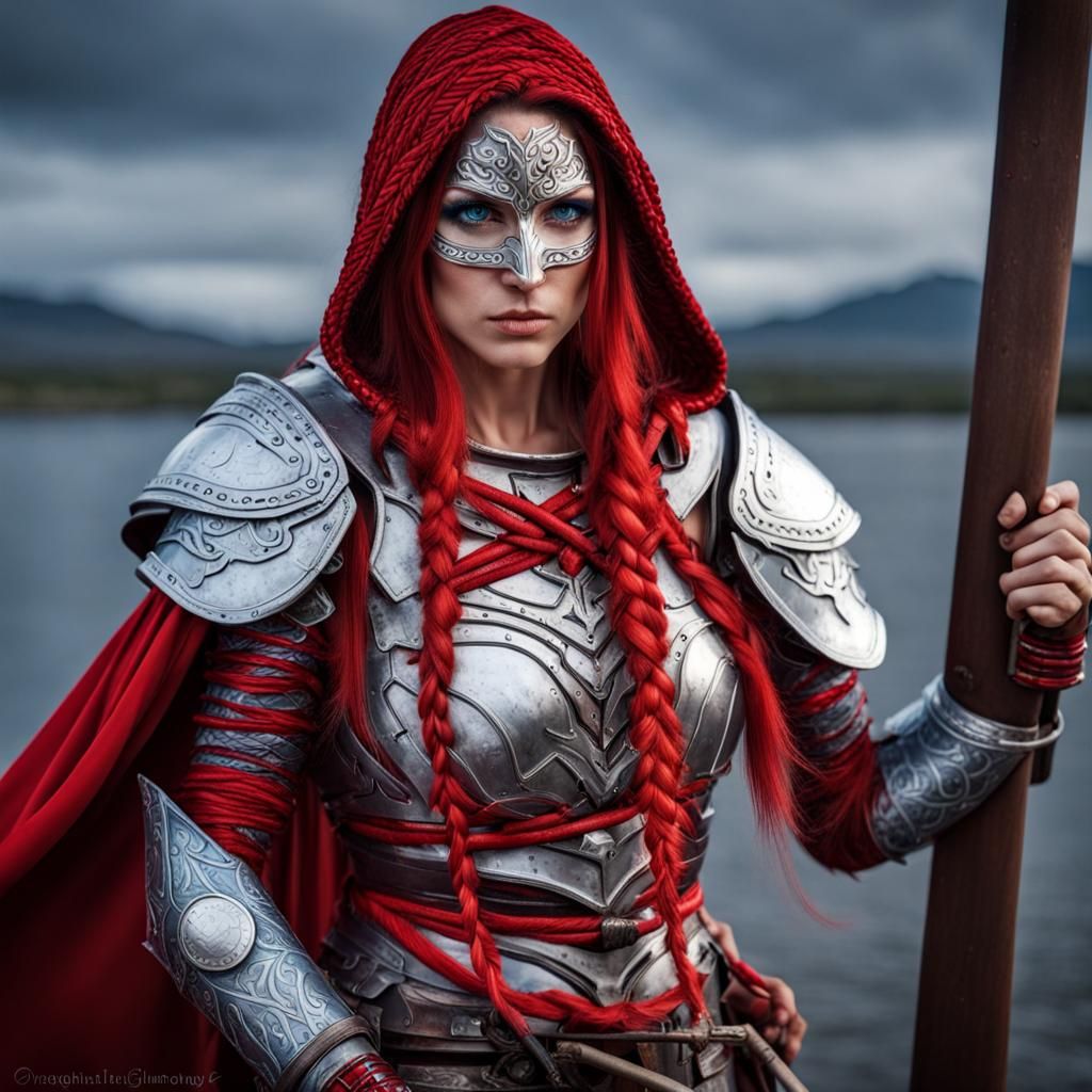 Hooded Woman Warrior in Silver and Red Armor