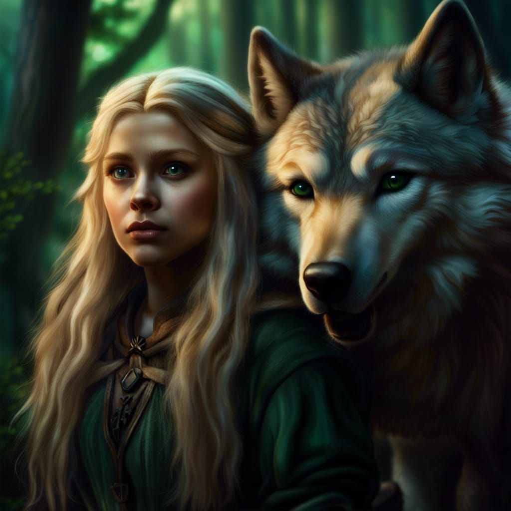 Halfling Hobbit Woman with Wolf in Forest