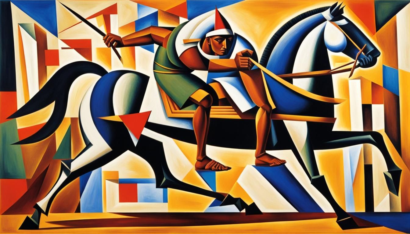 Egyptian Gladiator's Fall: Abstract Cubist Battle Scene