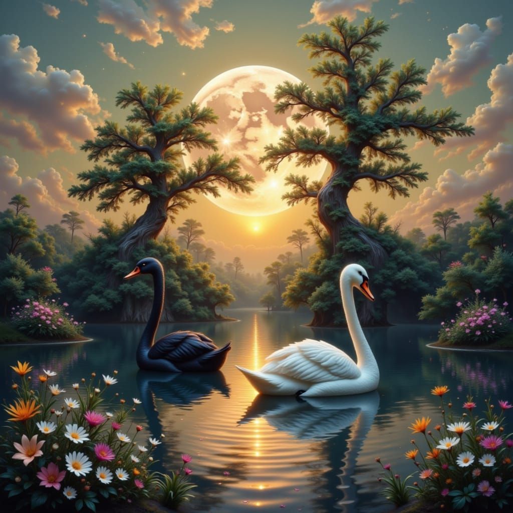 Two Swans, Black and White, on Moonlit Forest Lake