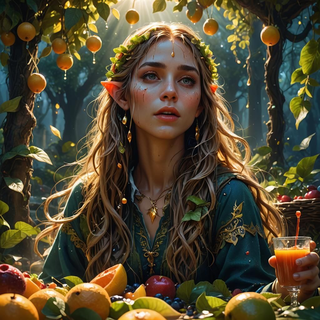 Fantasy Elf Girl Eating Fruit in Sunlight