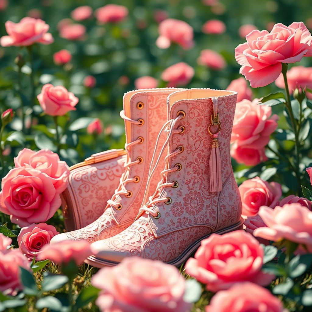Lace Boots in Vibrant Pink Roses Art Nouveau Style
