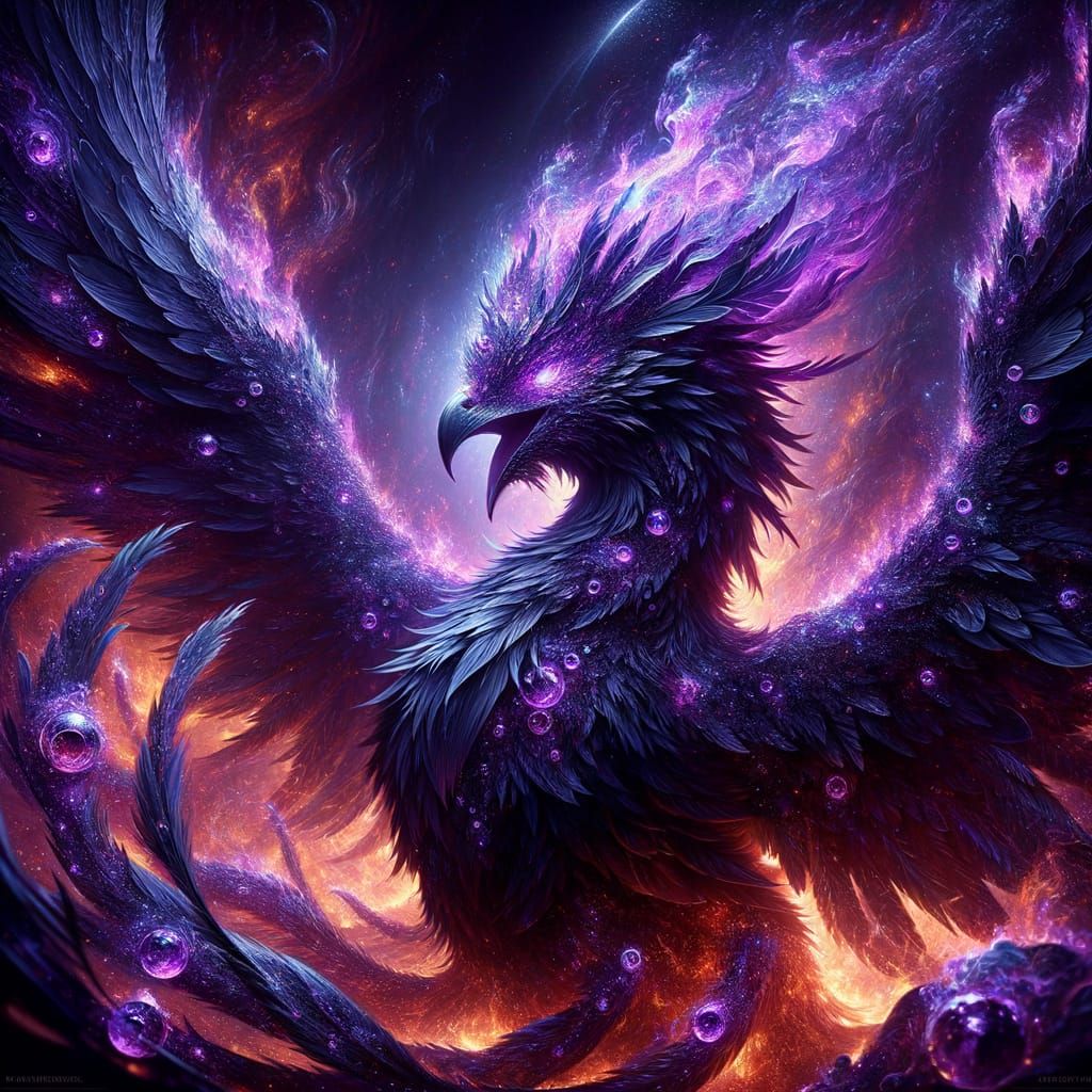 Cosmic Phoenix in Dark Violet Flames with Amethyst Feathers
