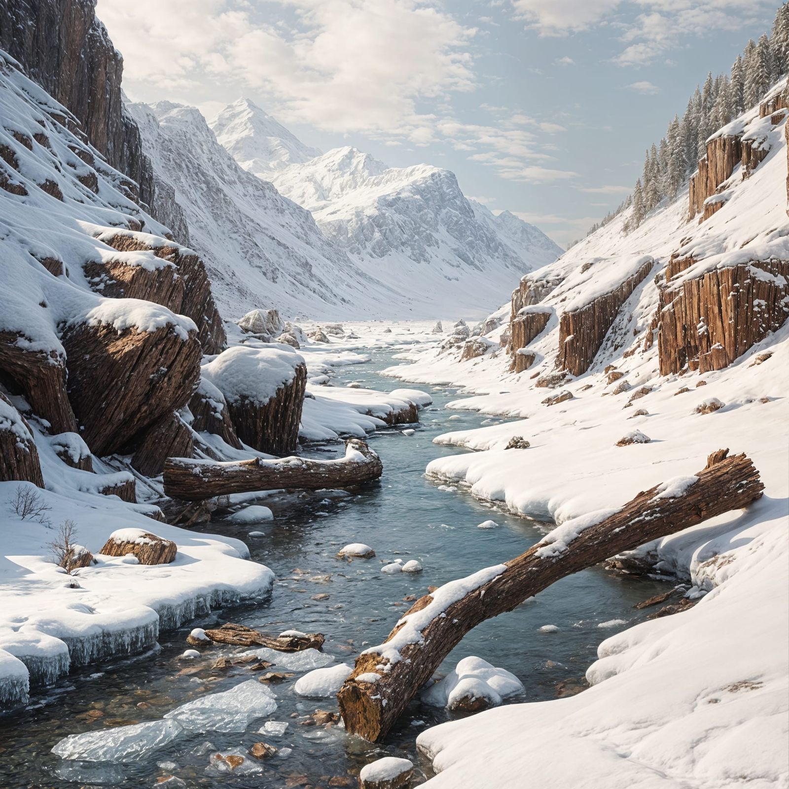 Frosted Mountain Stream in Serene Winter Landscape