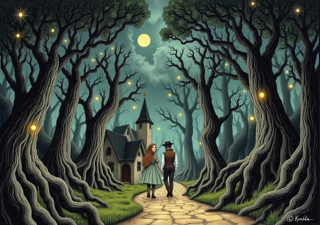 Hansel and Gretel in Mystical Forest, Arthur Rackham Style