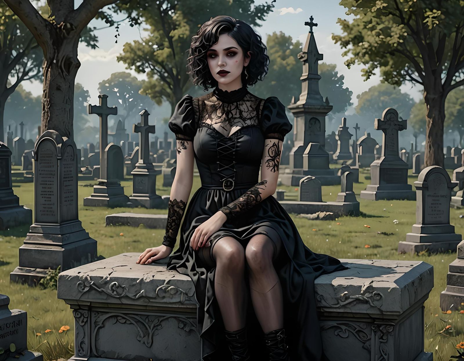 Gothic Woman in Graveyard: Dark Fantasy Concept Art