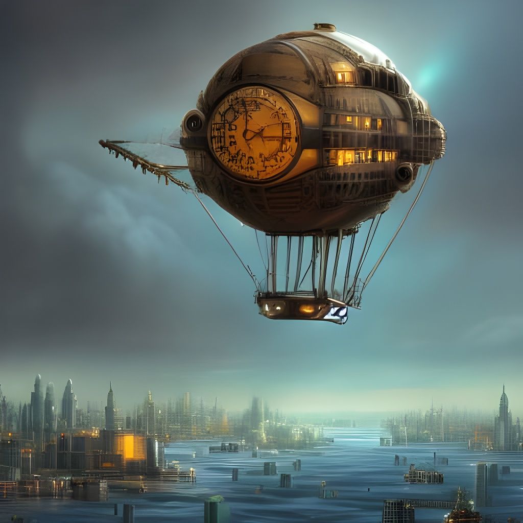Steampunk Airship Over Flooded New York: Digital Art