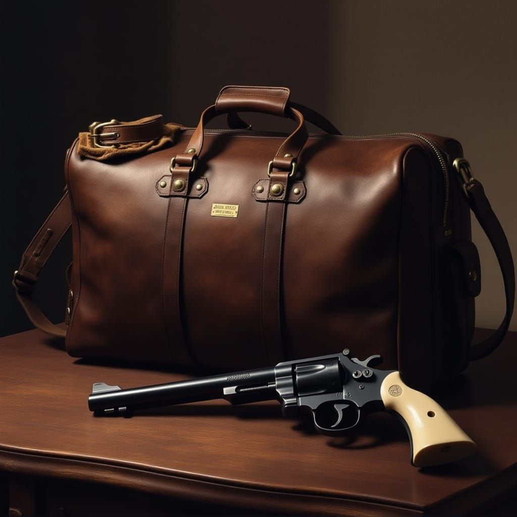 Detective's Desk with Worn Travel Bag and Colt Revolver