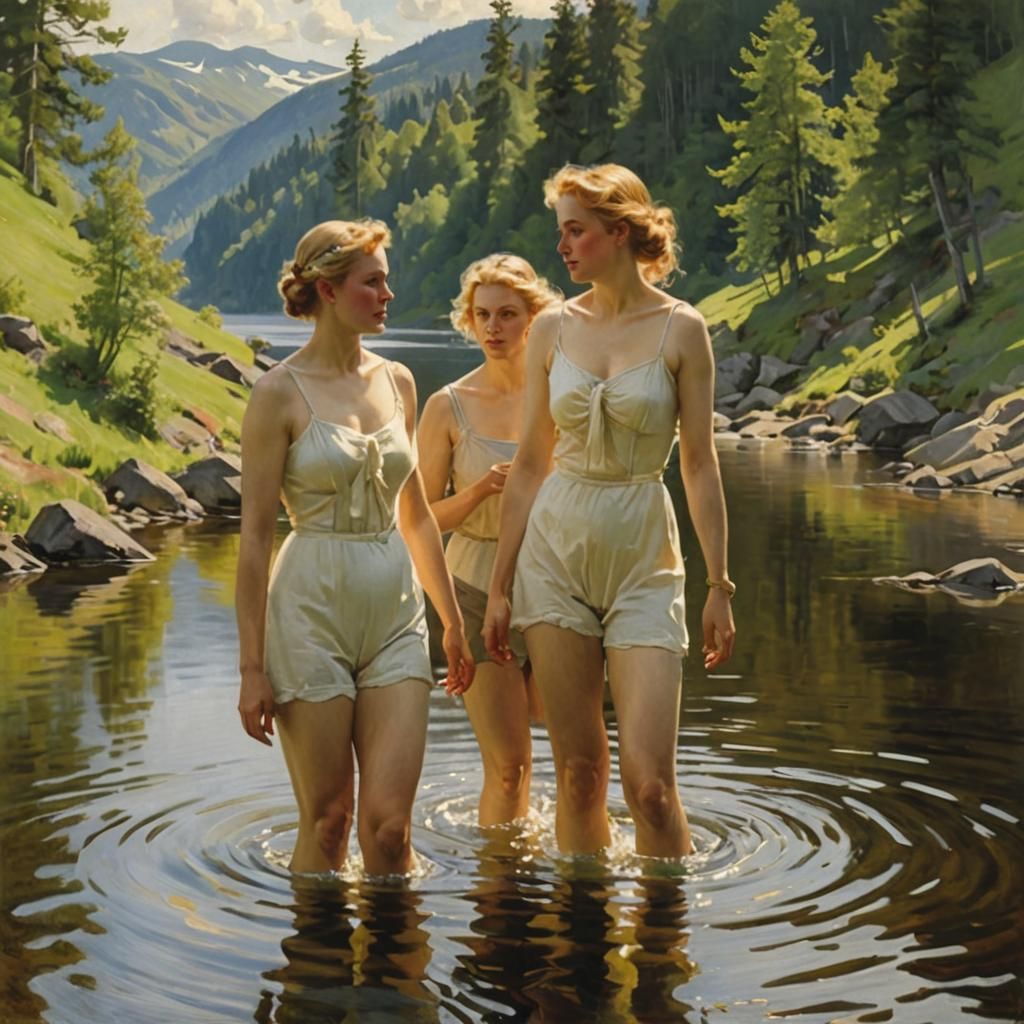 Lake Siljan: Three Bathers in Oil Painting Style