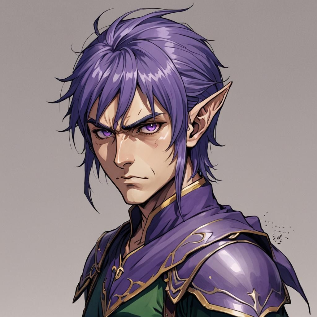 Angry Purple-Haired Elf in Anime Style
