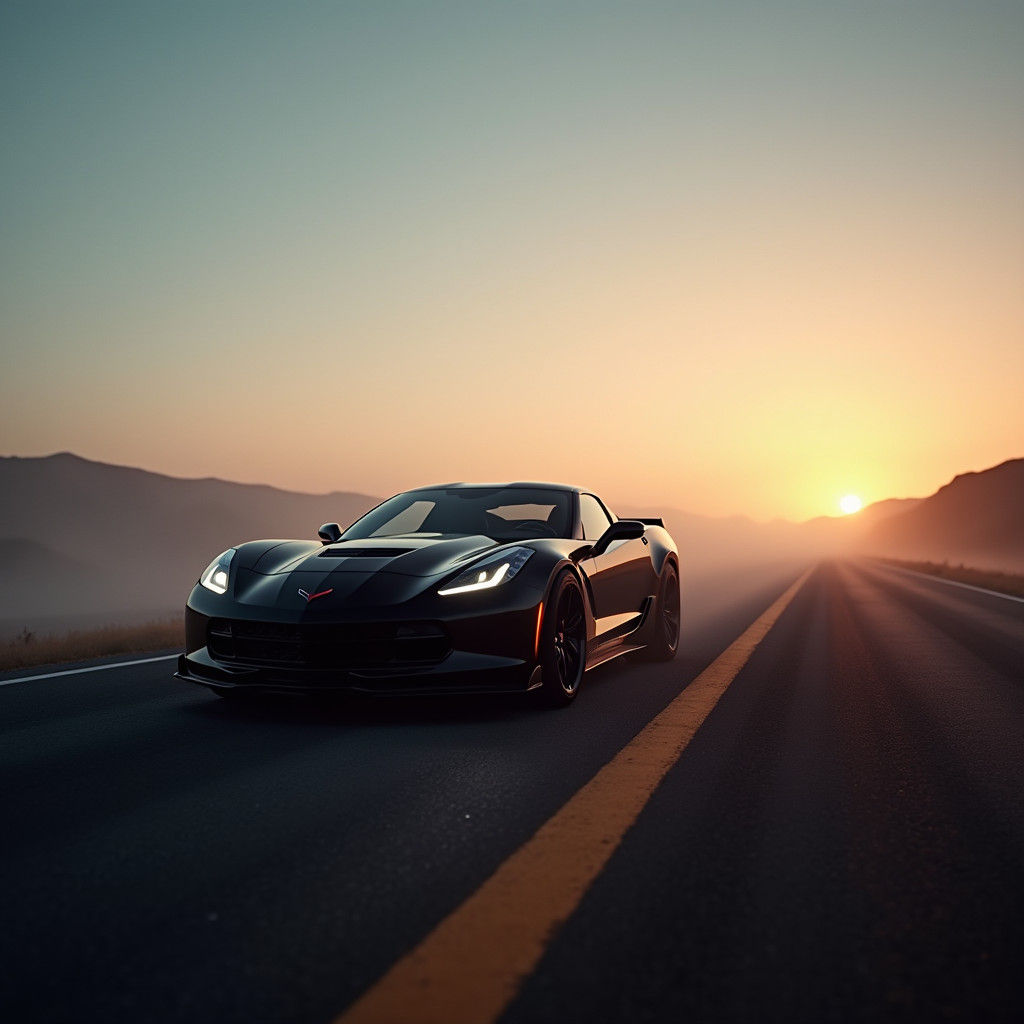 Corvette C8 on Misty Highway at Dusk