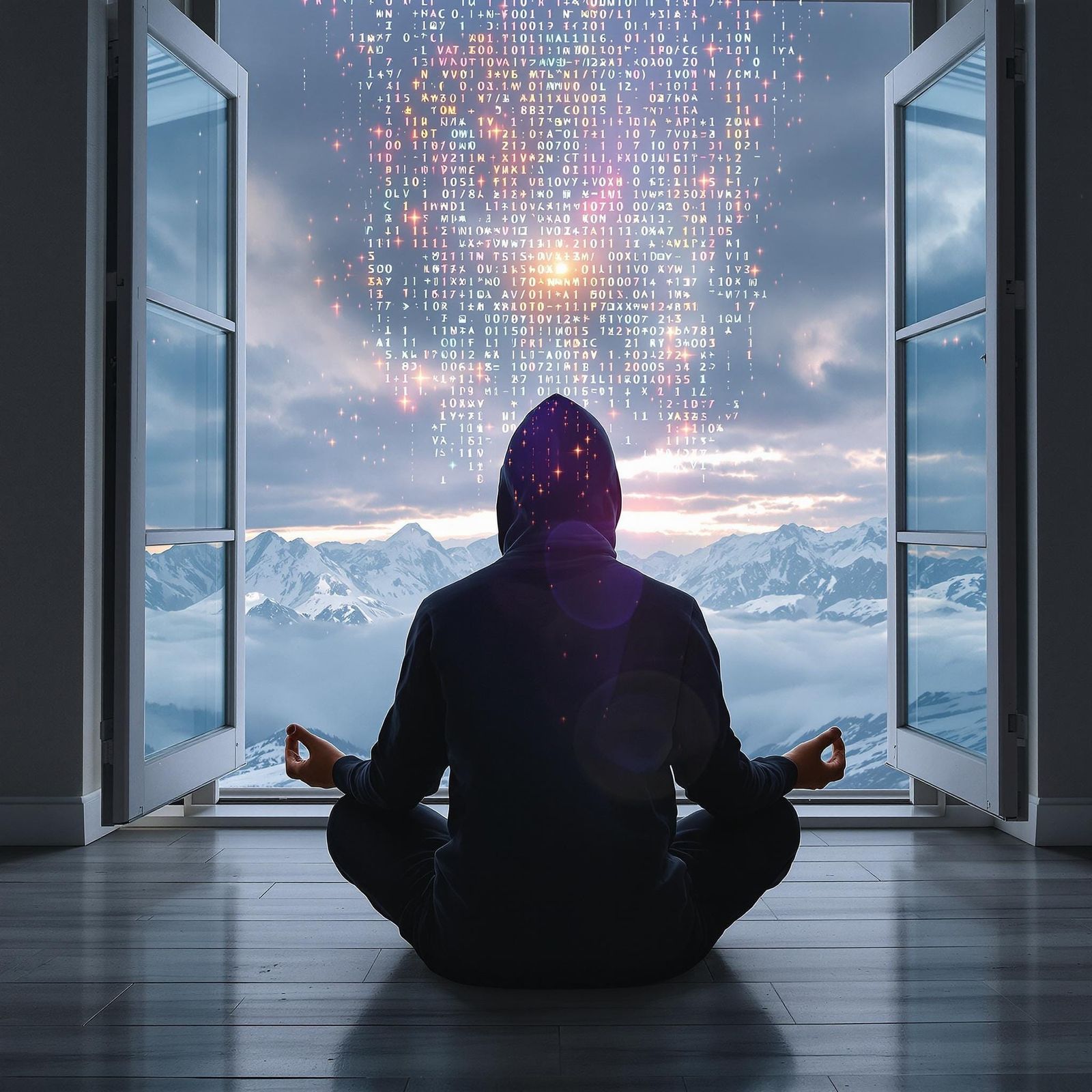 Man Meditates Amidst Futuristic, Dreamlike Landscape with Di...