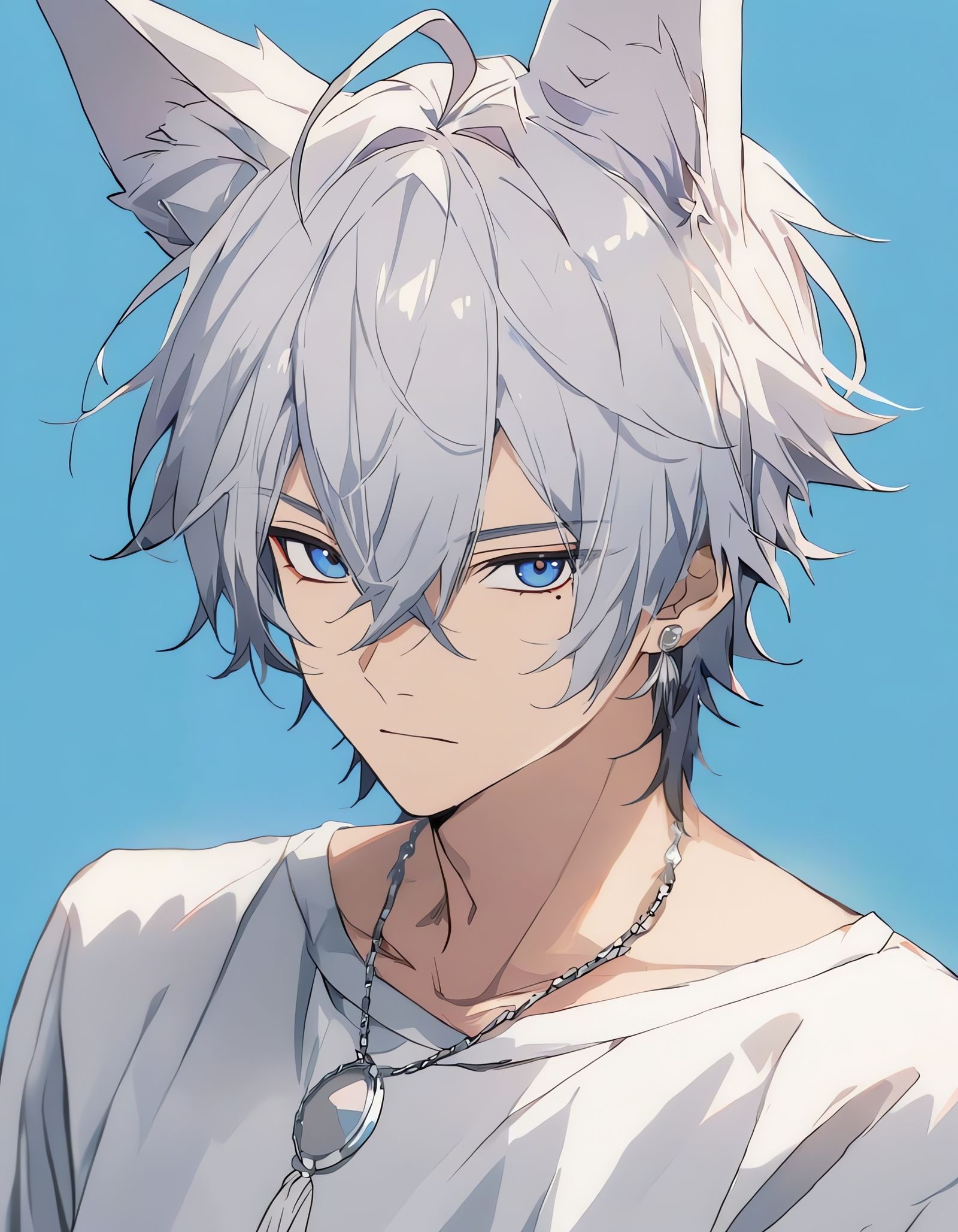 Anime Boy Portrait with Fox Ears in Blue Jacket