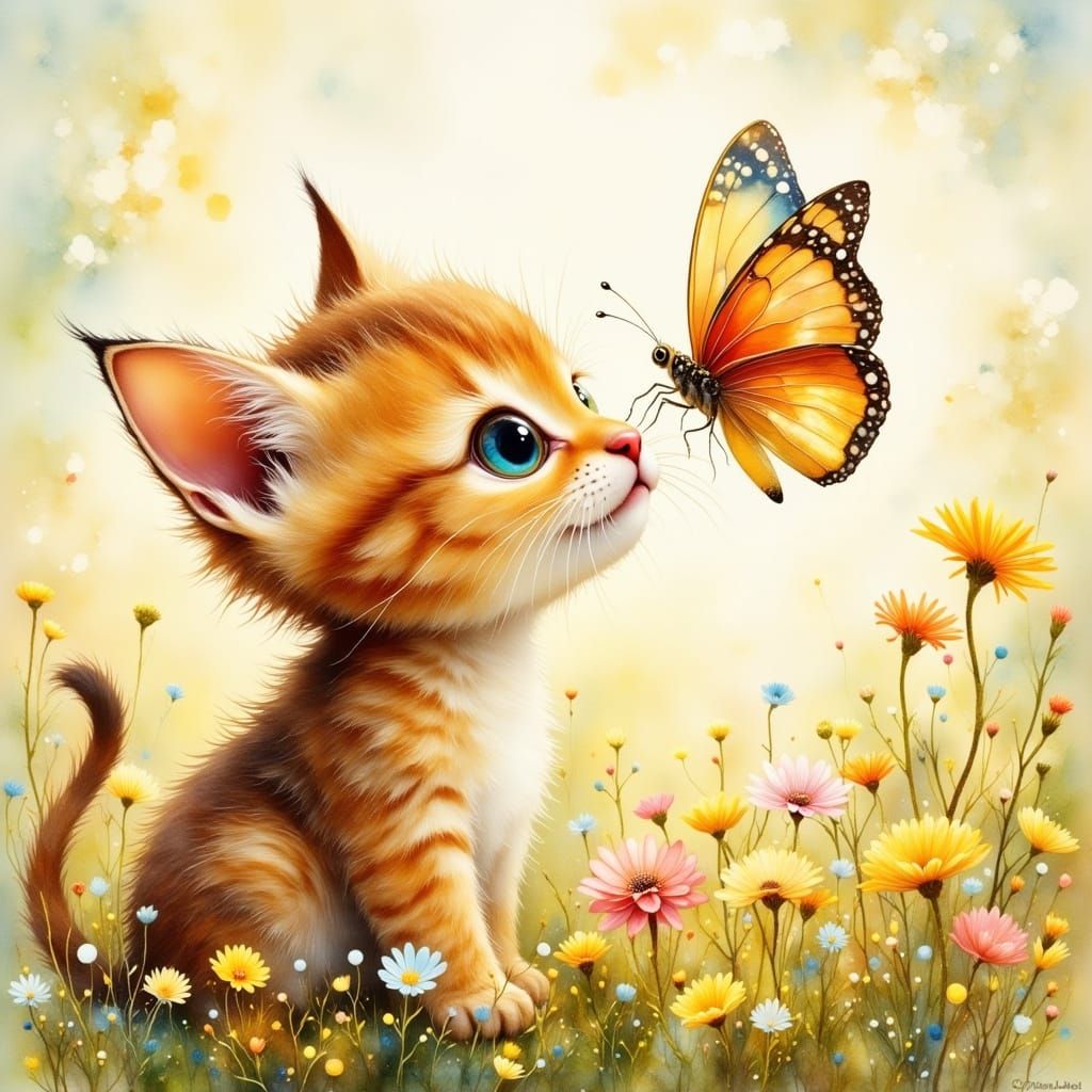 Kitten and Butterfly in Watercolor Style