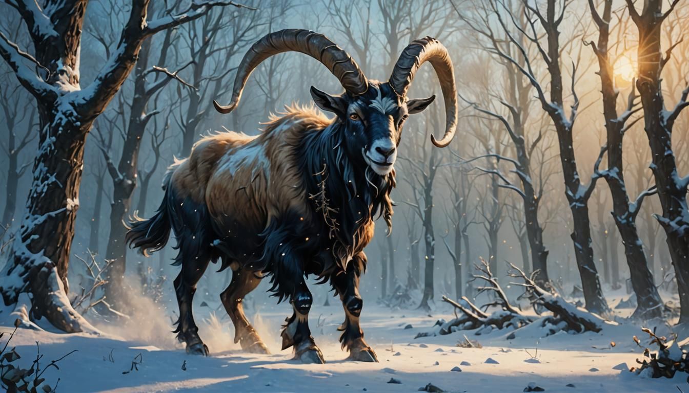 Horned Creature Kicking Snow in Dark Fantasy Art