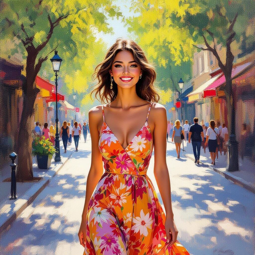 Joyful Woman on Sunlit Street Impressionist Oil Painting