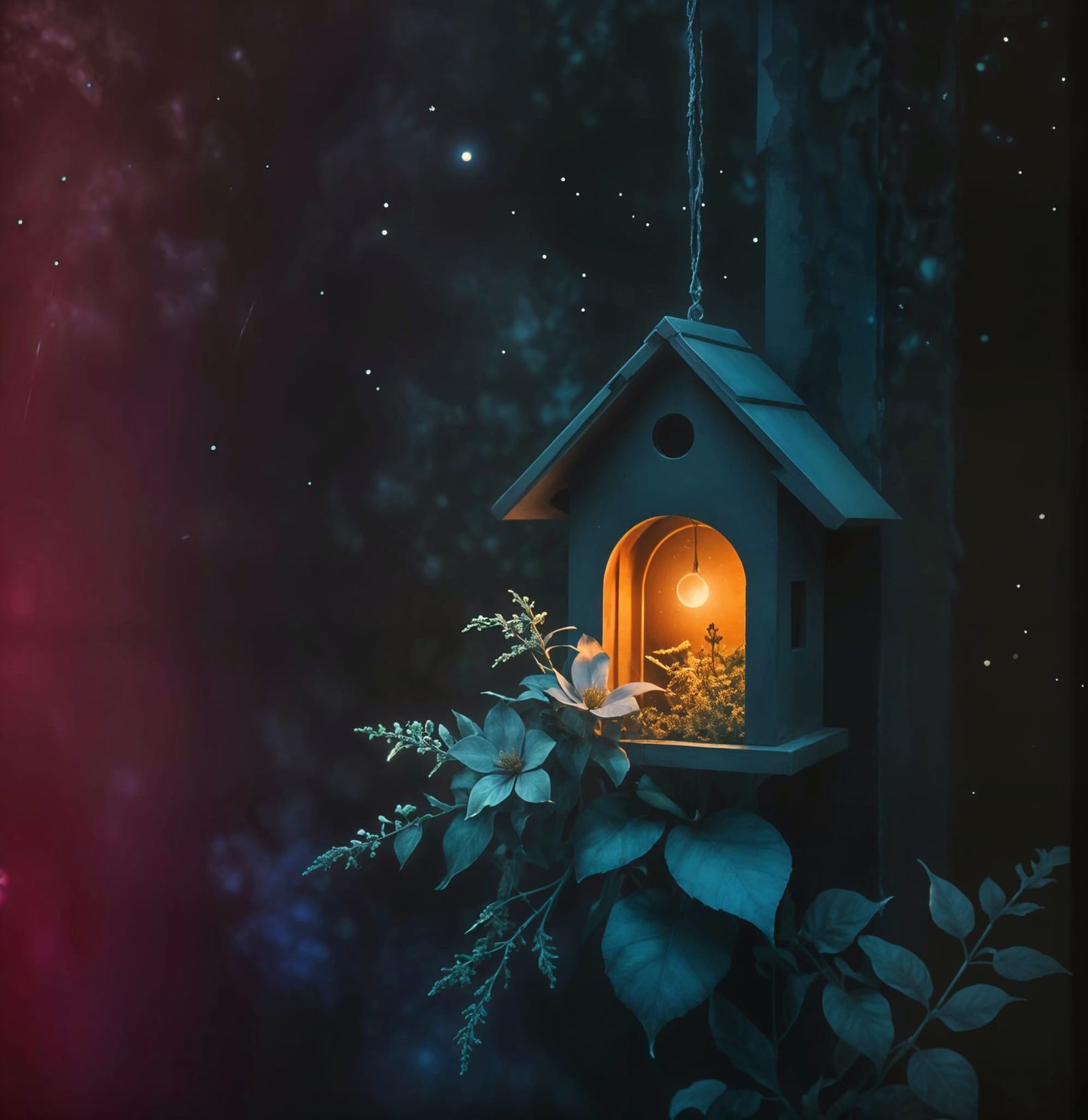 Dreamy Birdhouse: Botanical Night Scene with Sacred Geometry
