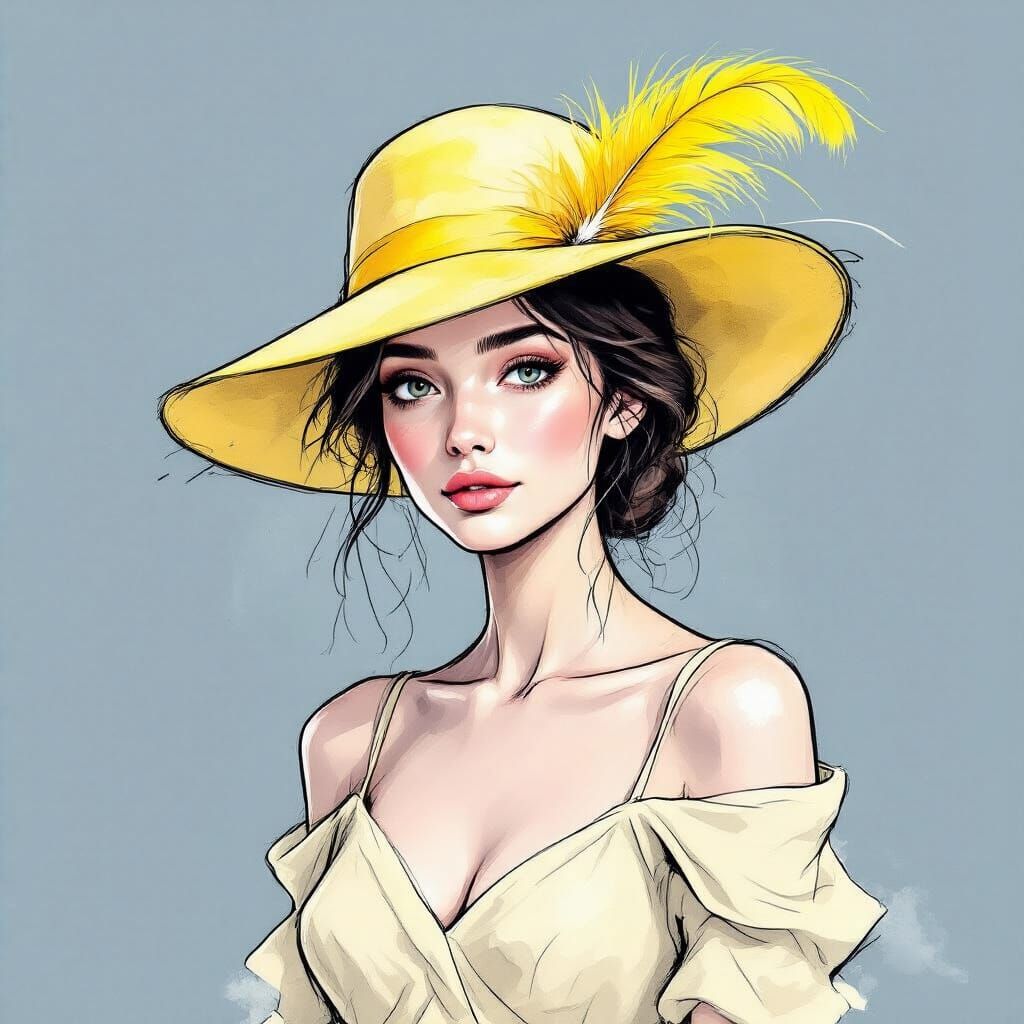 Woman in Yellow Feather Hat & Cream Dress Sketch