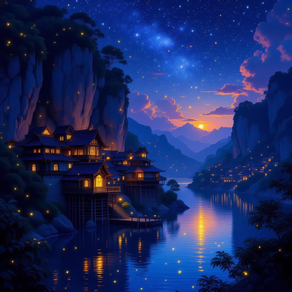 Mystical Cliffside Village at Night in Dark Fantasy Style