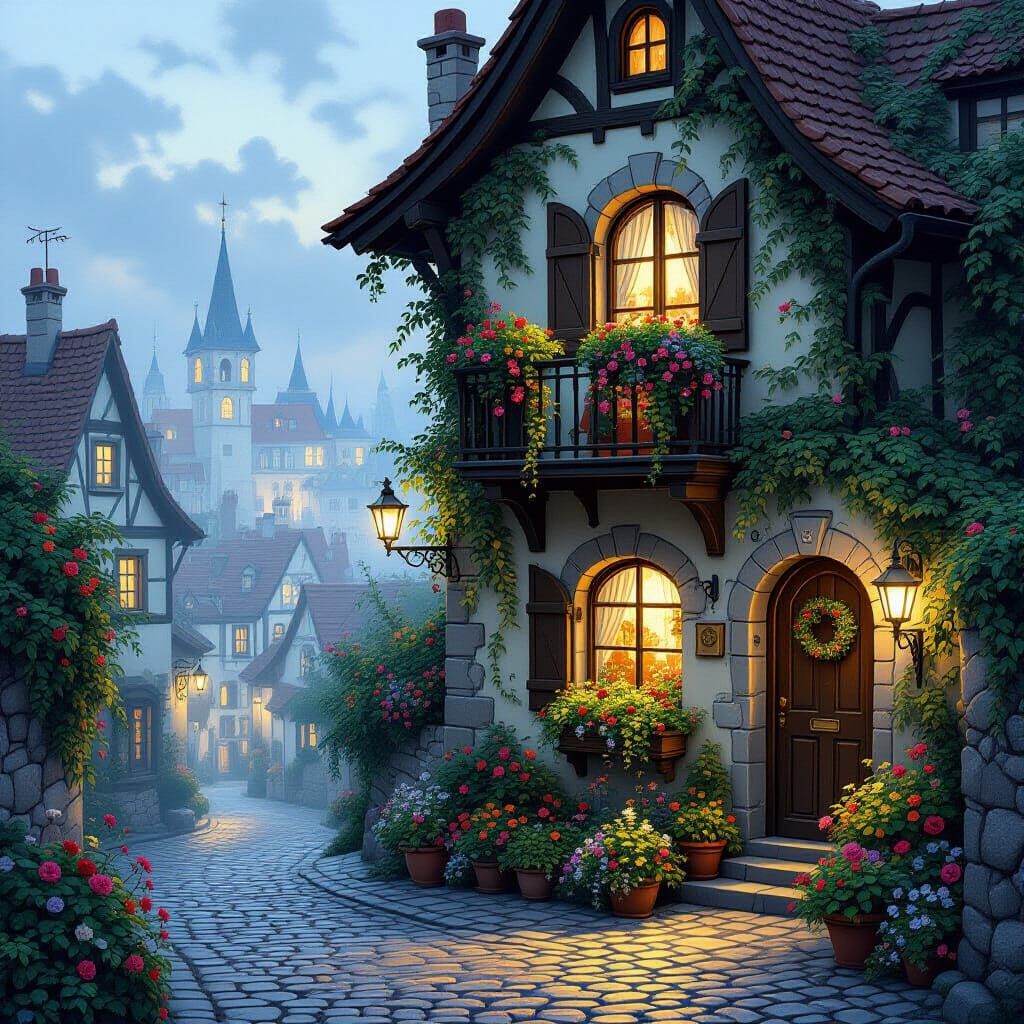 Fairy-Tale Evening Street with Ivy House