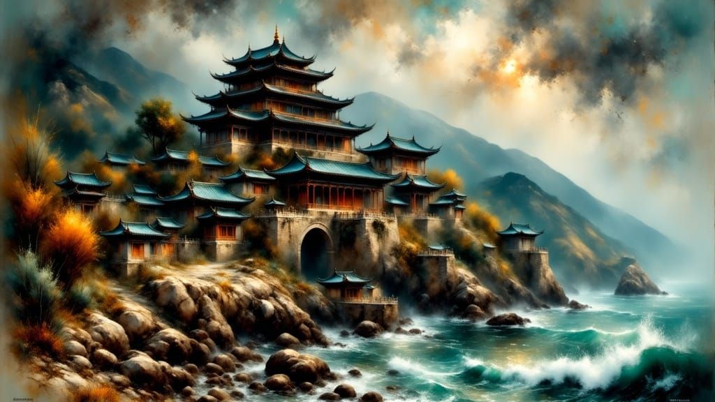 Chinese Temple on Rocky Shoreline Under Stormy Skies