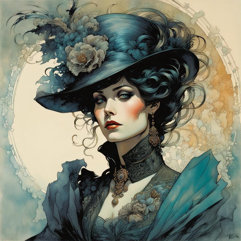 Ink portrait, elegant Victorian