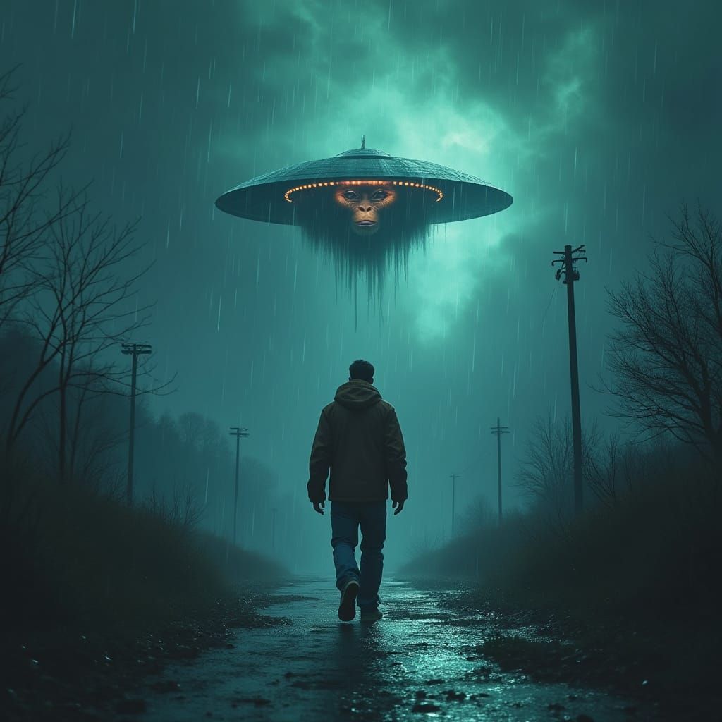 Alien Abduction During Storm in Matte Painting Style