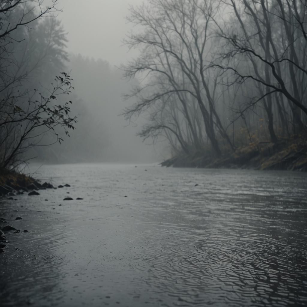 Monochromatic Misty River Landscape in Cinematic Style