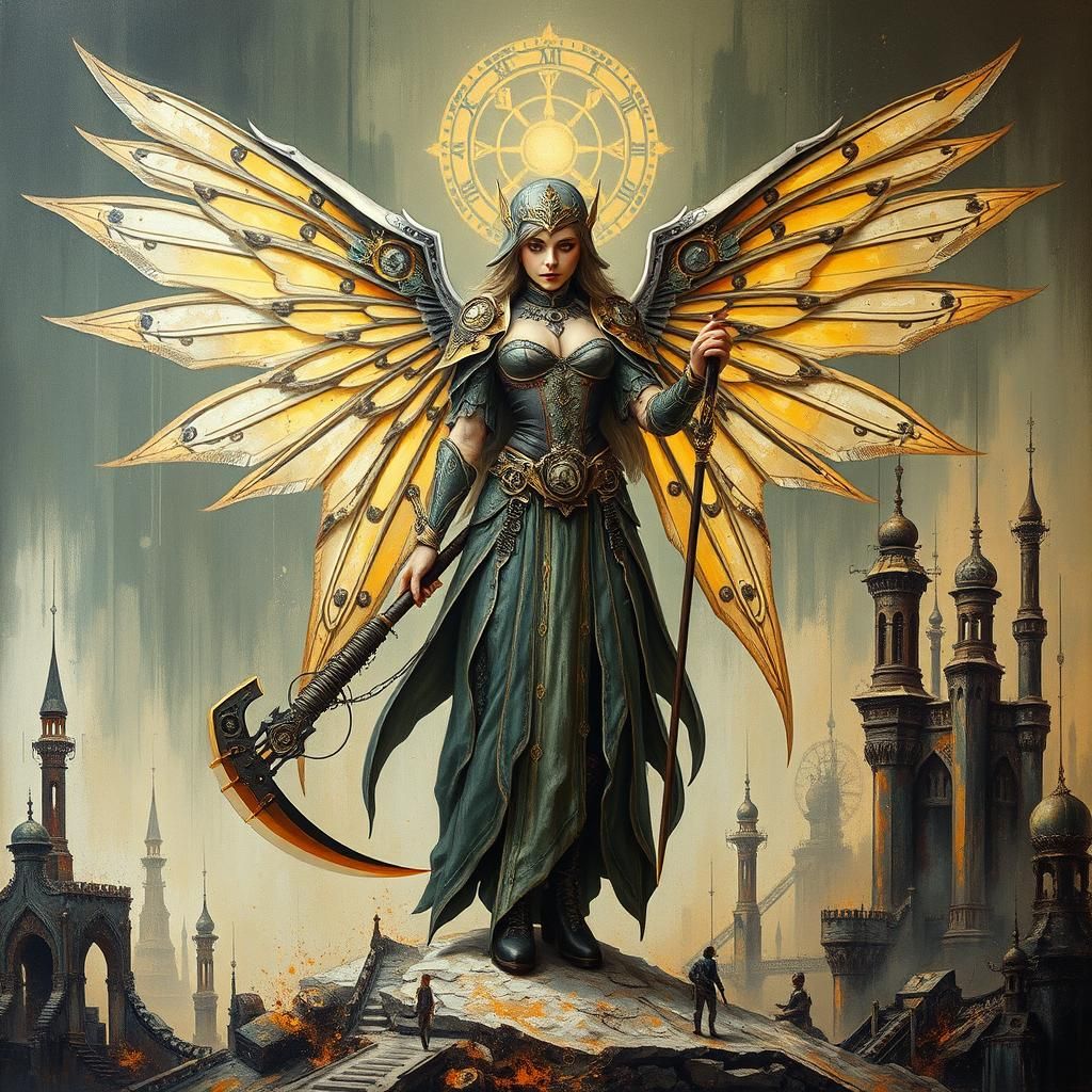Aetherpunk Elf Angel in Dystopian Sci-Fi Landscape