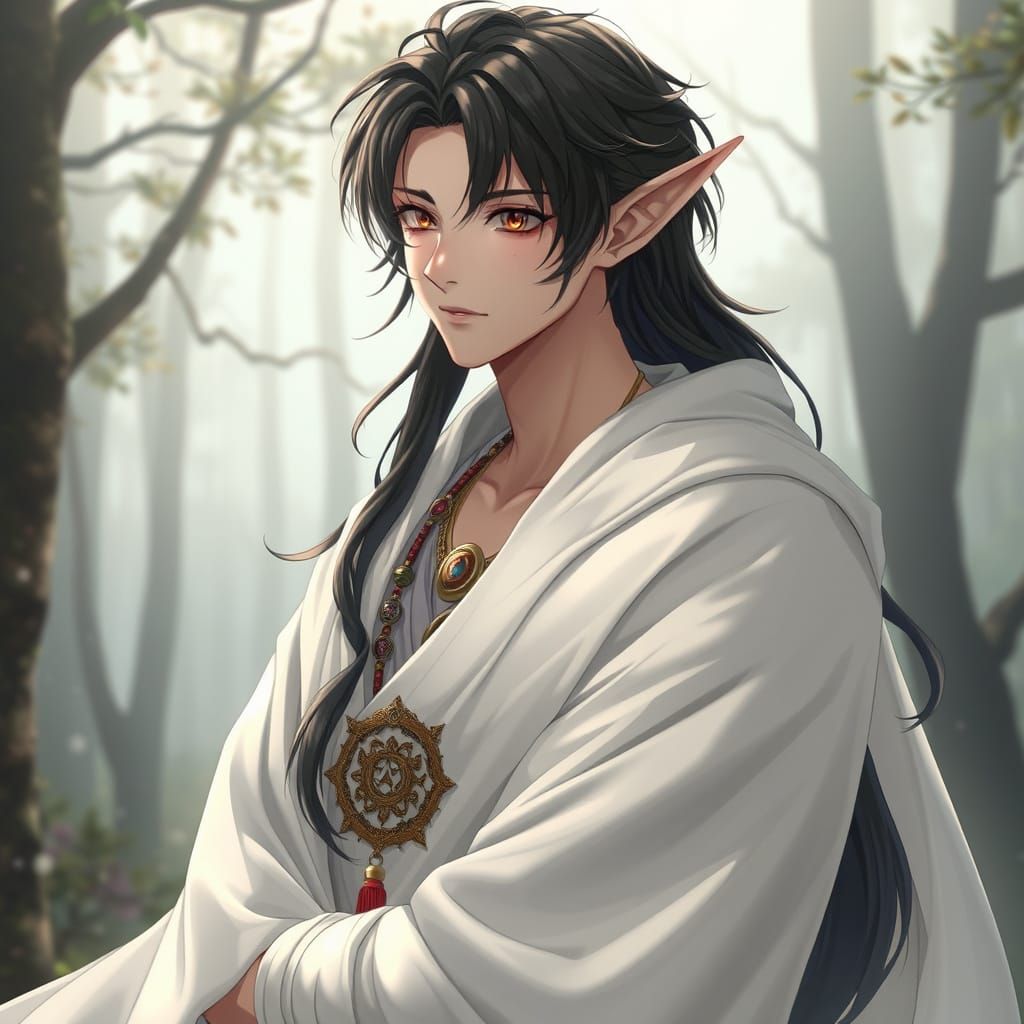 Elven Man Portrait with Flowing Silks in 3D Anime Style
