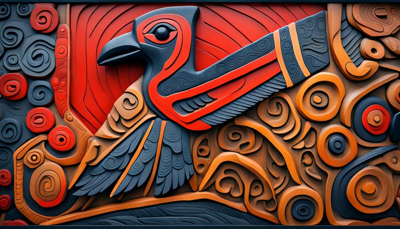 Raven Totem carving in Haida Gwaii Style
