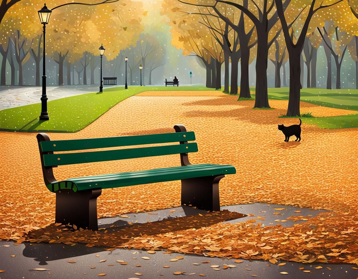 Minimalist Line Art Landscape with Cat on Bench