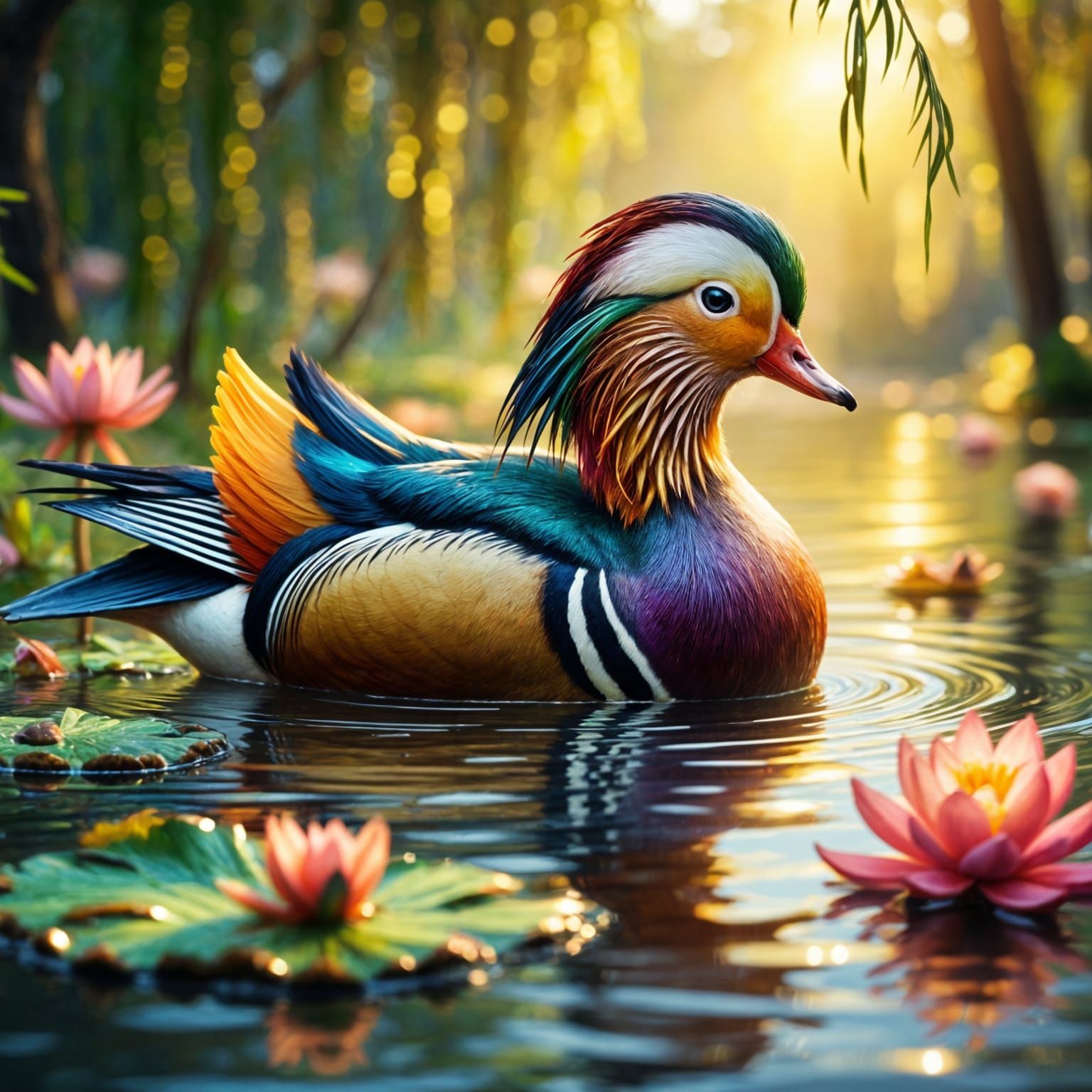 Luminous Mandarin Duck Amidst Water Lilies