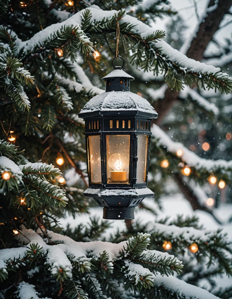 Cinematic Christmas Lantern in Snowy Tree Close-Up