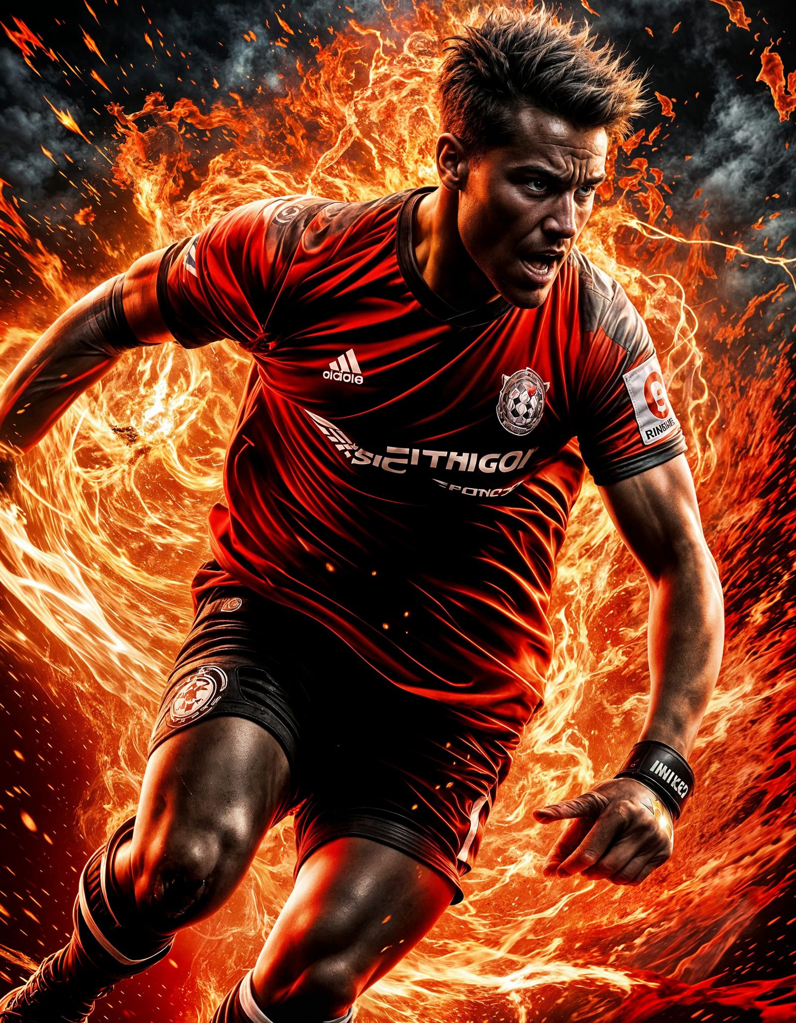 Epic Soccer Striker in Hyper-Dramatic Semi-Realistic Style
