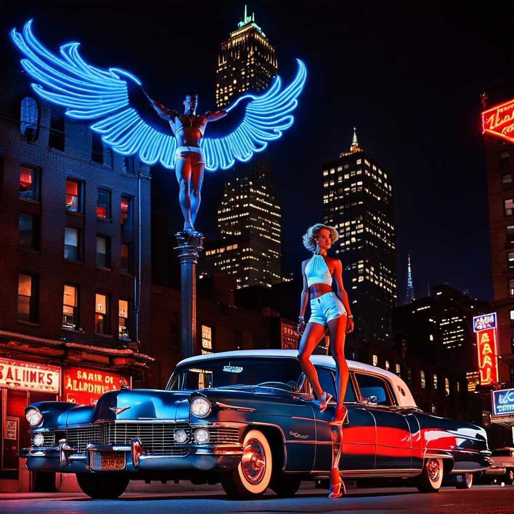 Blue Flame Man Overlooks City in Noir Scene