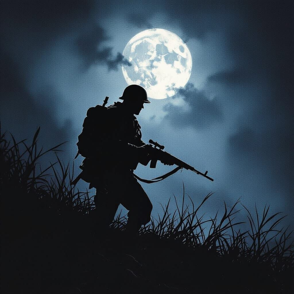Brave WW2 Soldier in Dramatic Moonlight Shadows