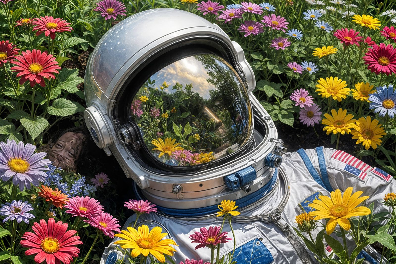 Astronaut in Flower Garden Reflecting Universe